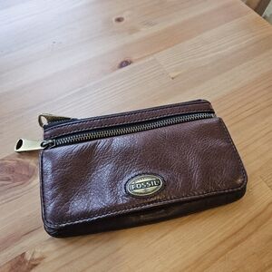 Fossil Explorer Flap Clutch Leather Wallet Espresso Brown Organizer 2 Zip